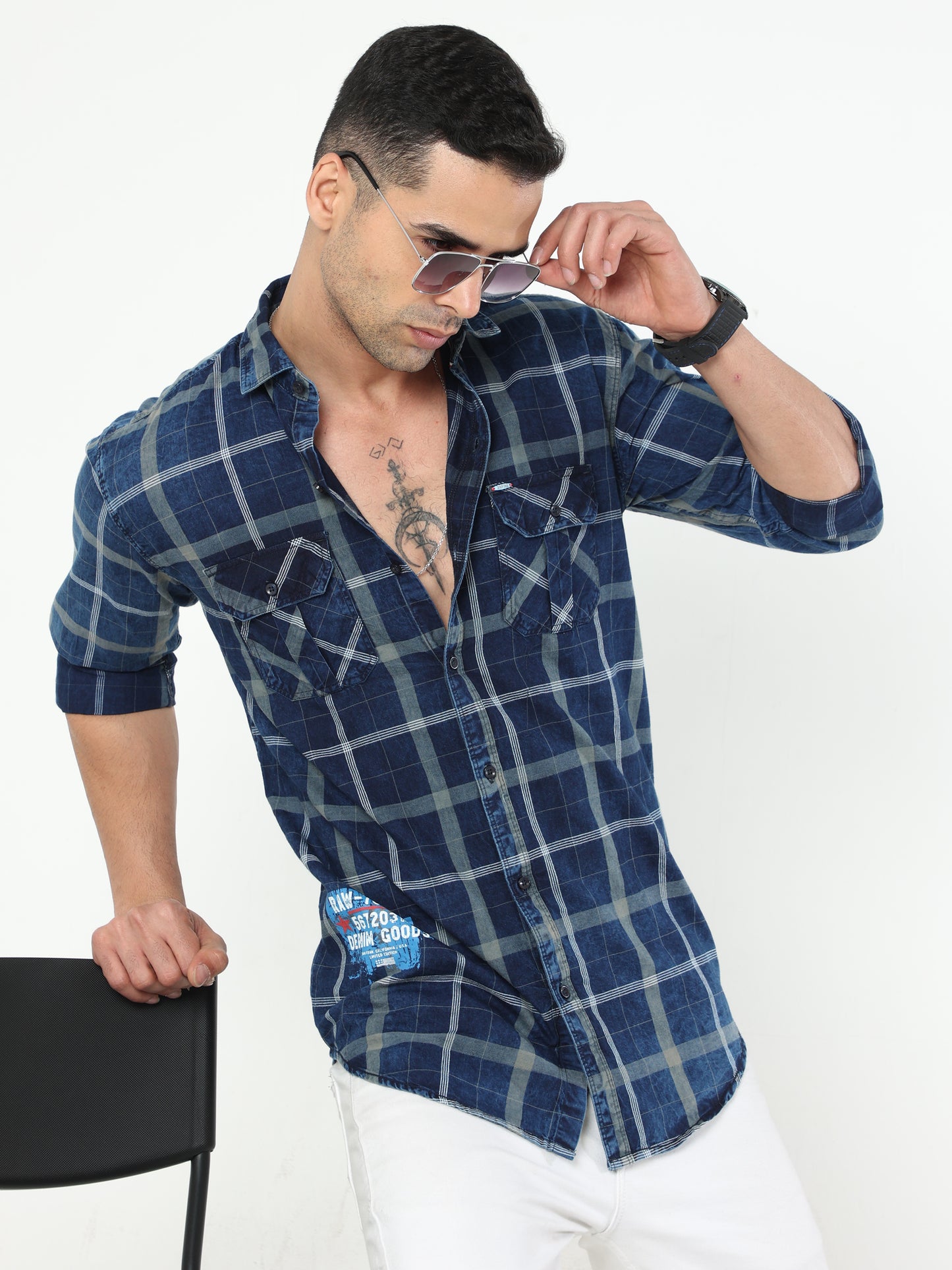 Onfire Marvao Denim Checks Cargo Shirt