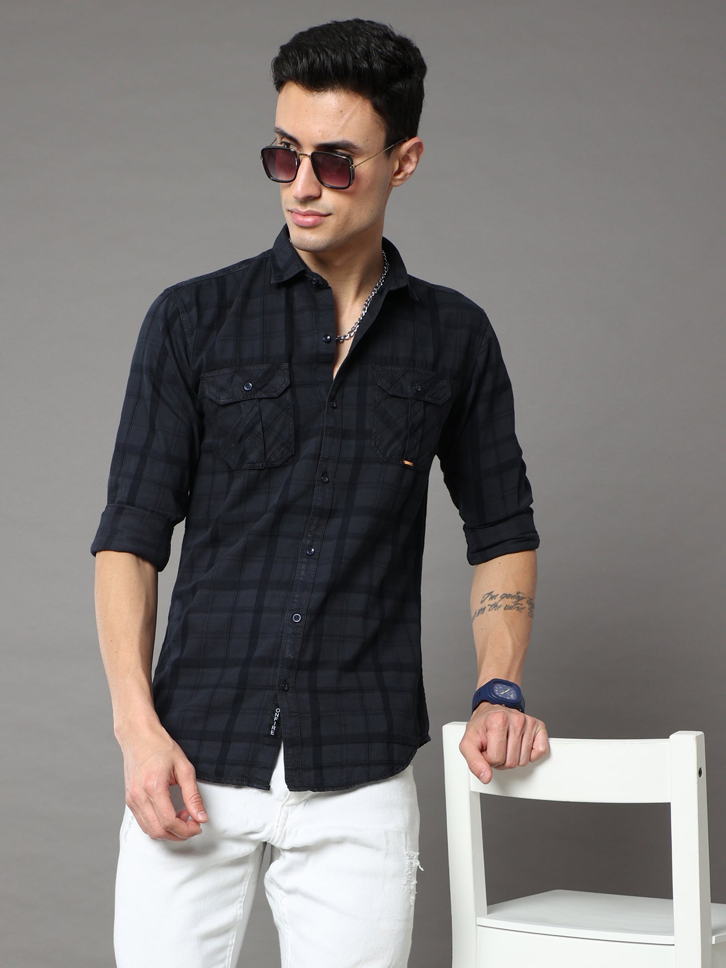 Onfire Tomford Checks Dark Grey Cargo Shirt