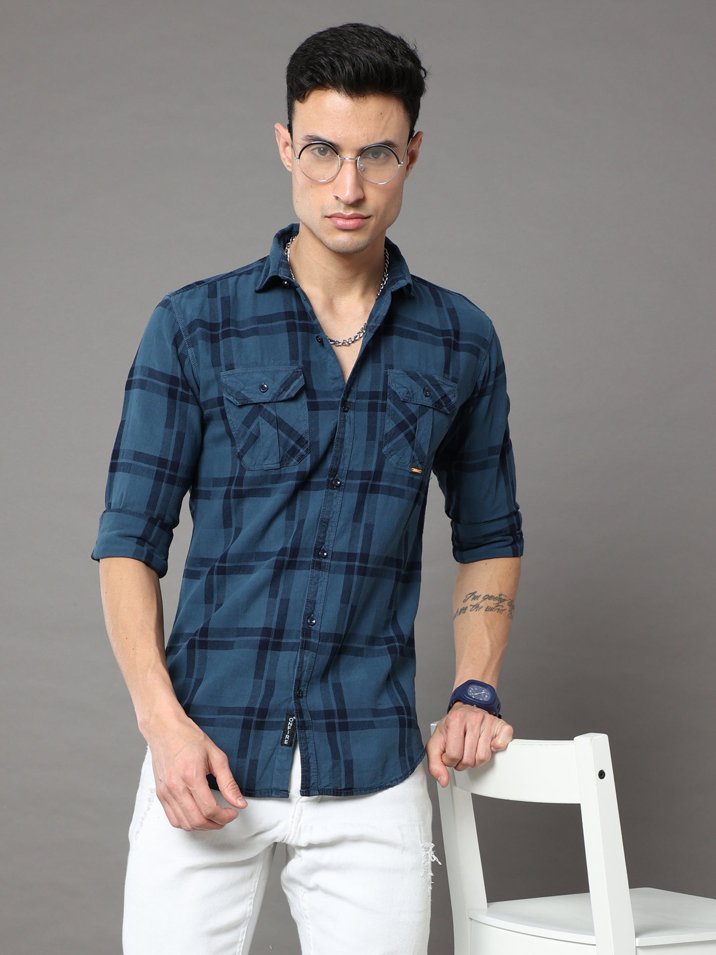 Onfire Tomford Checks Turquoise Cargo Shirt