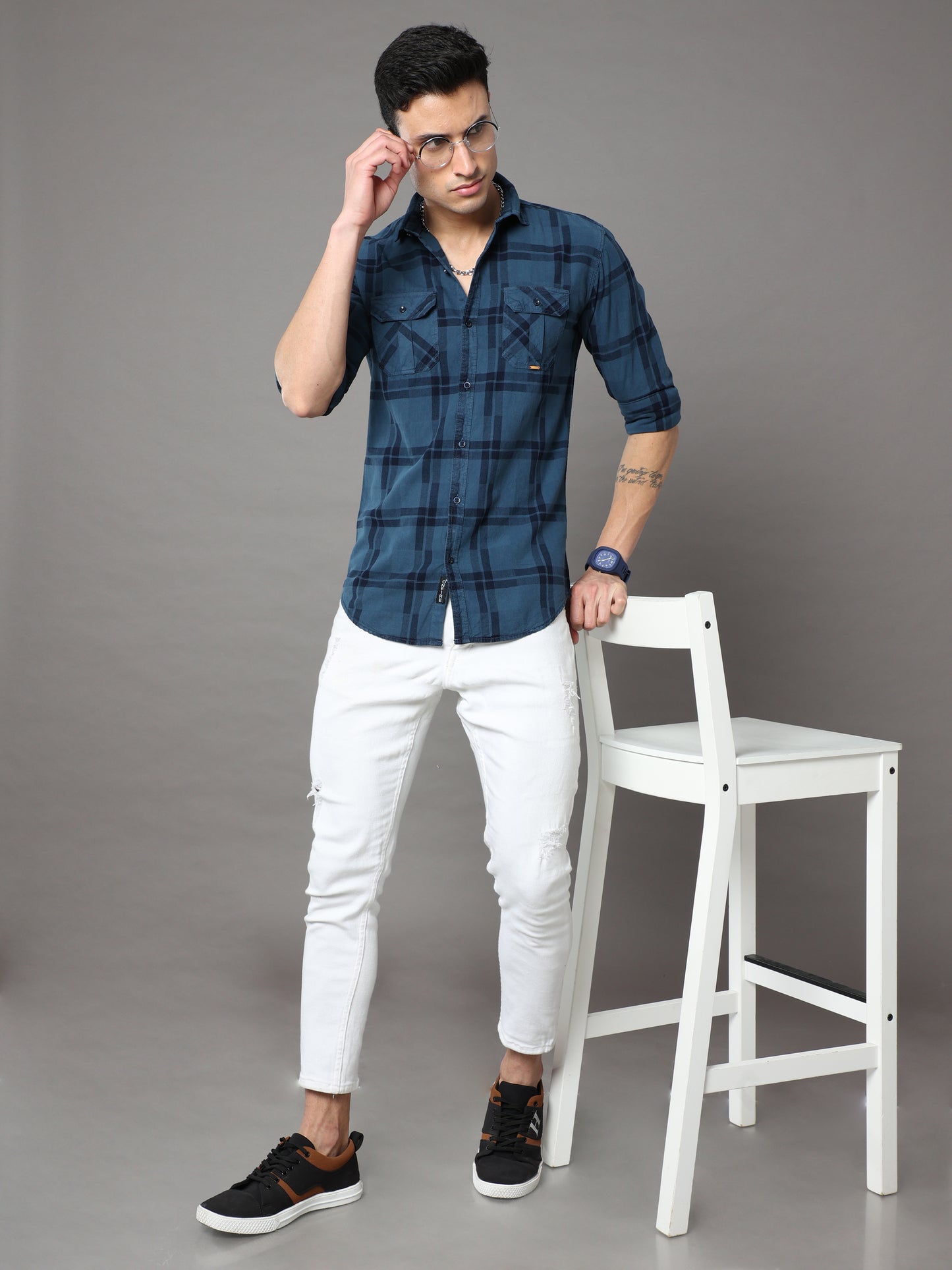 Onfire Tomford Checks Turquoise Cargo Shirt