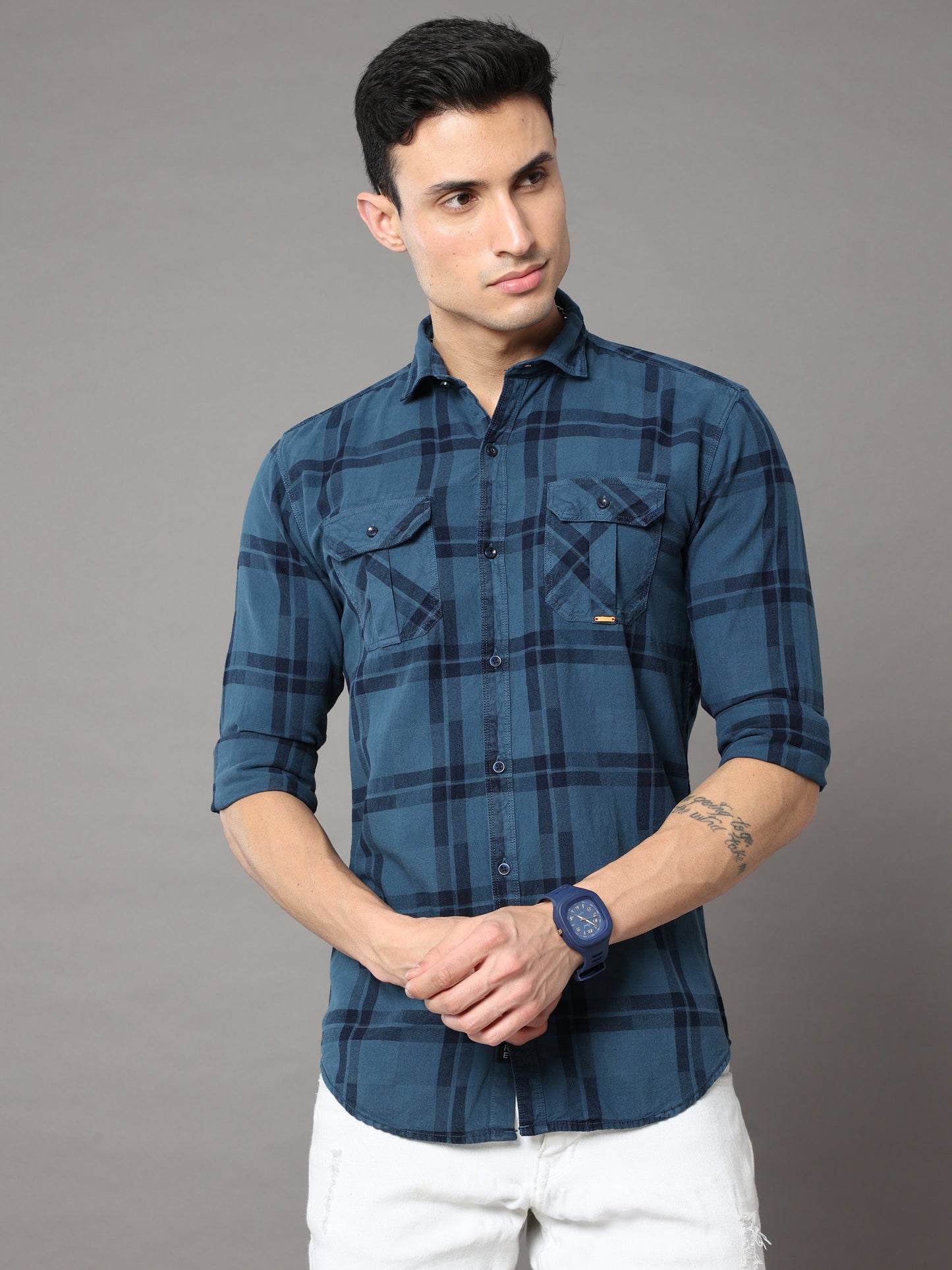 Onfire Tomford Checks Turquoise Cargo Shirt