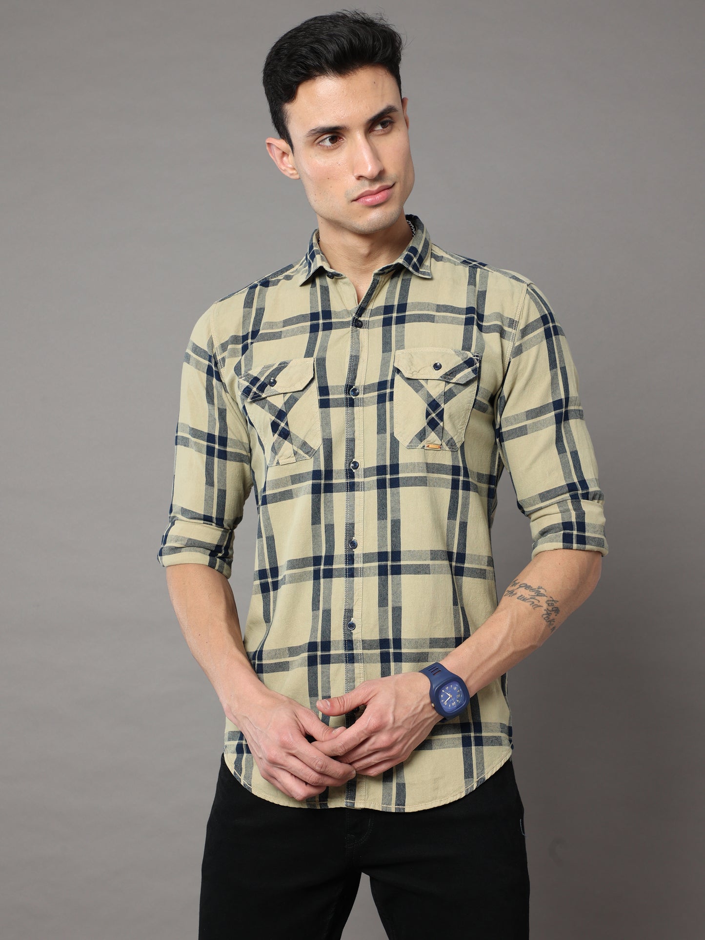 Onfire Tomford Checks Beige Cargo Shirt