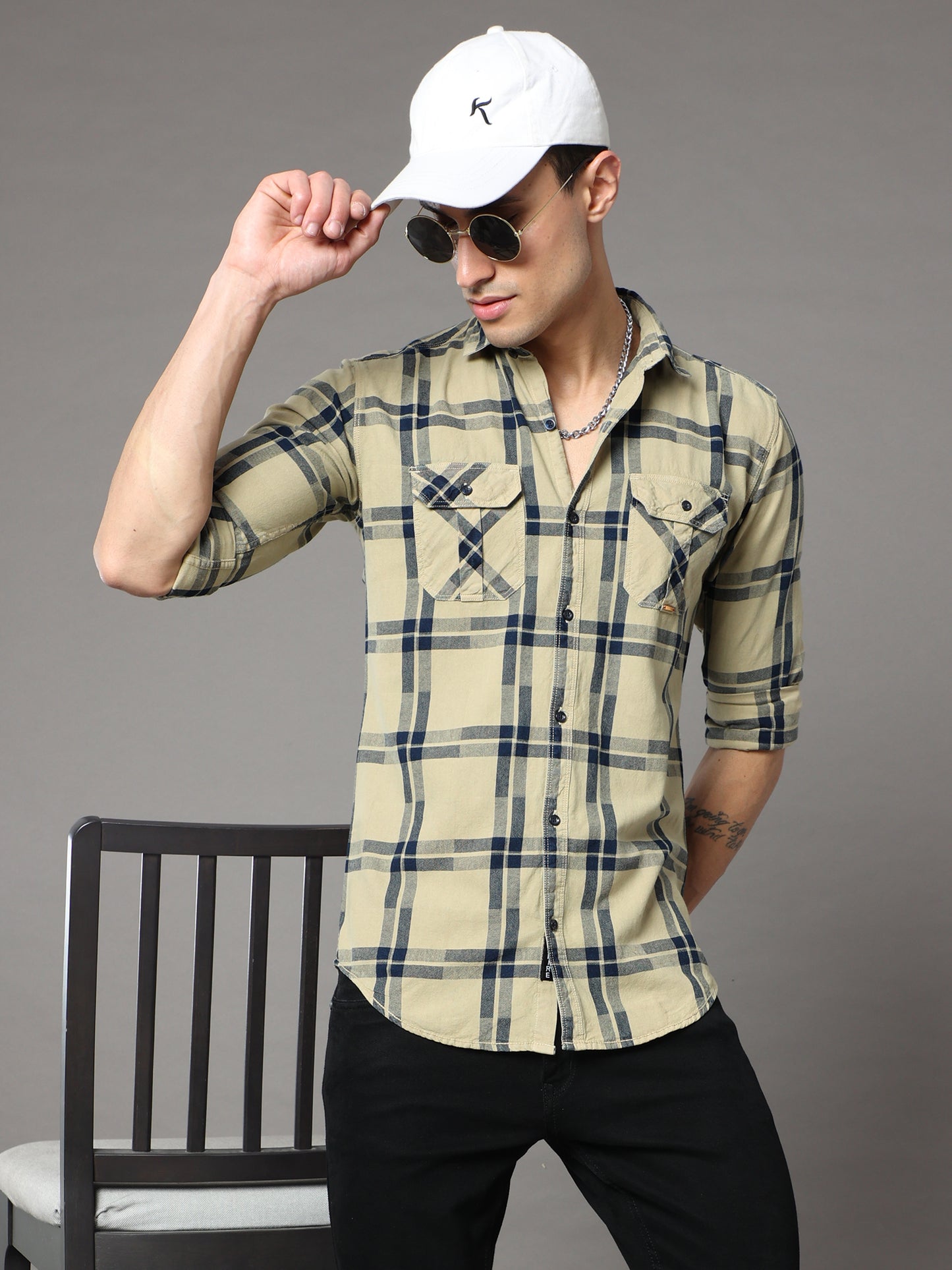 Onfire Tomford Checks Beige Cargo Shirt