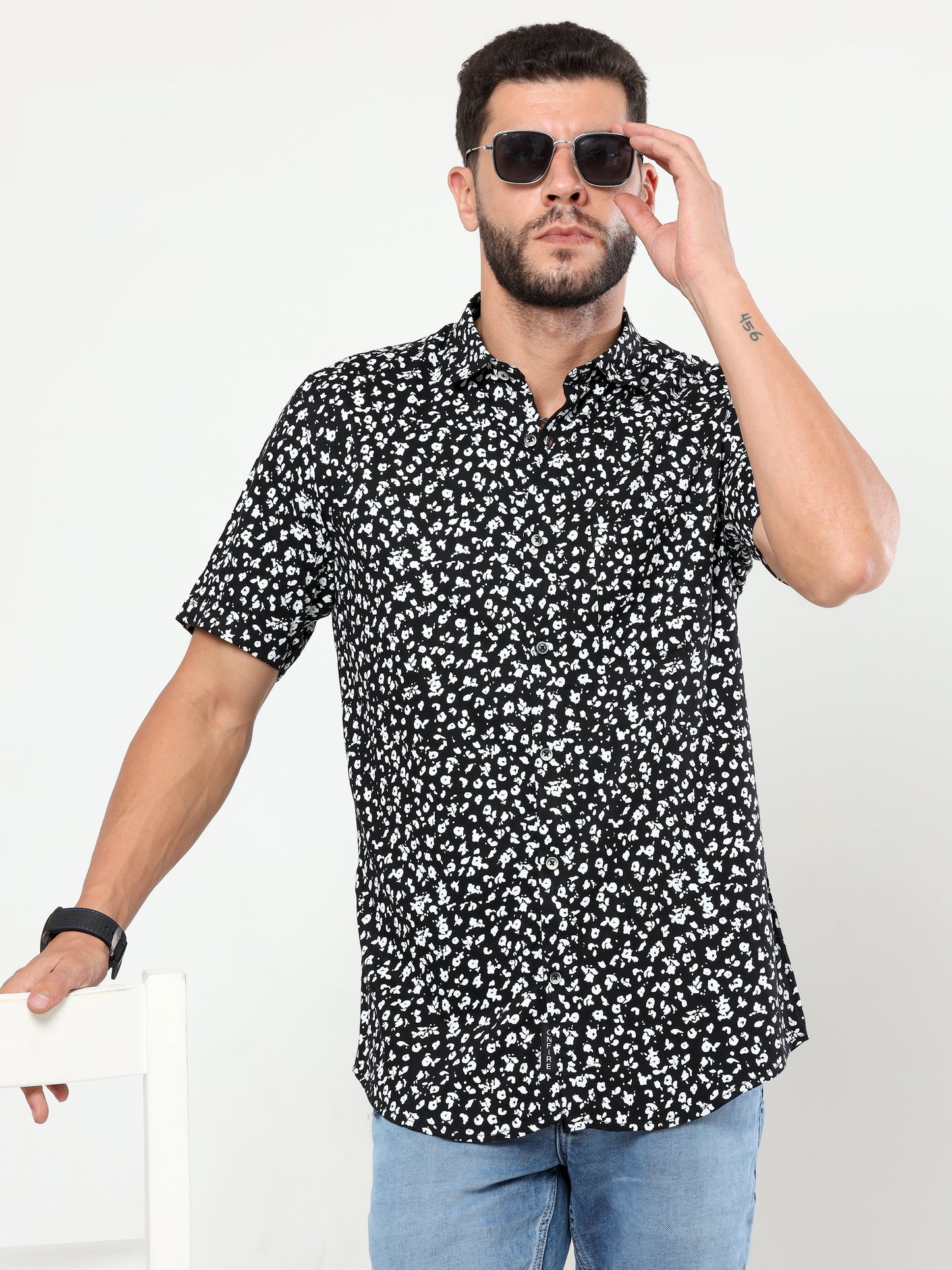 Onfire half sleeves floral print black white