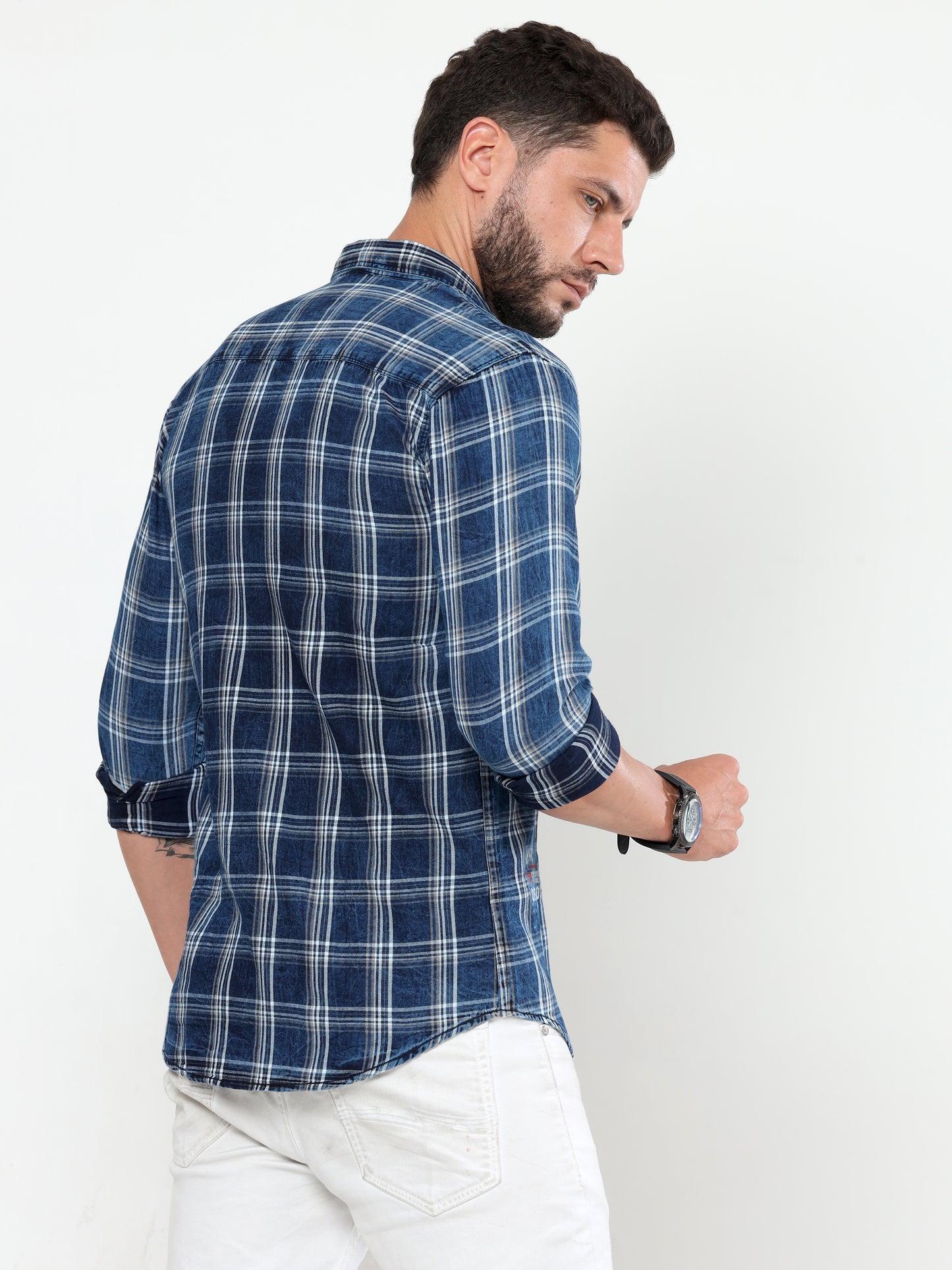 Onfire Denim Indigo Checks Cargo Shirt Blue/Grey