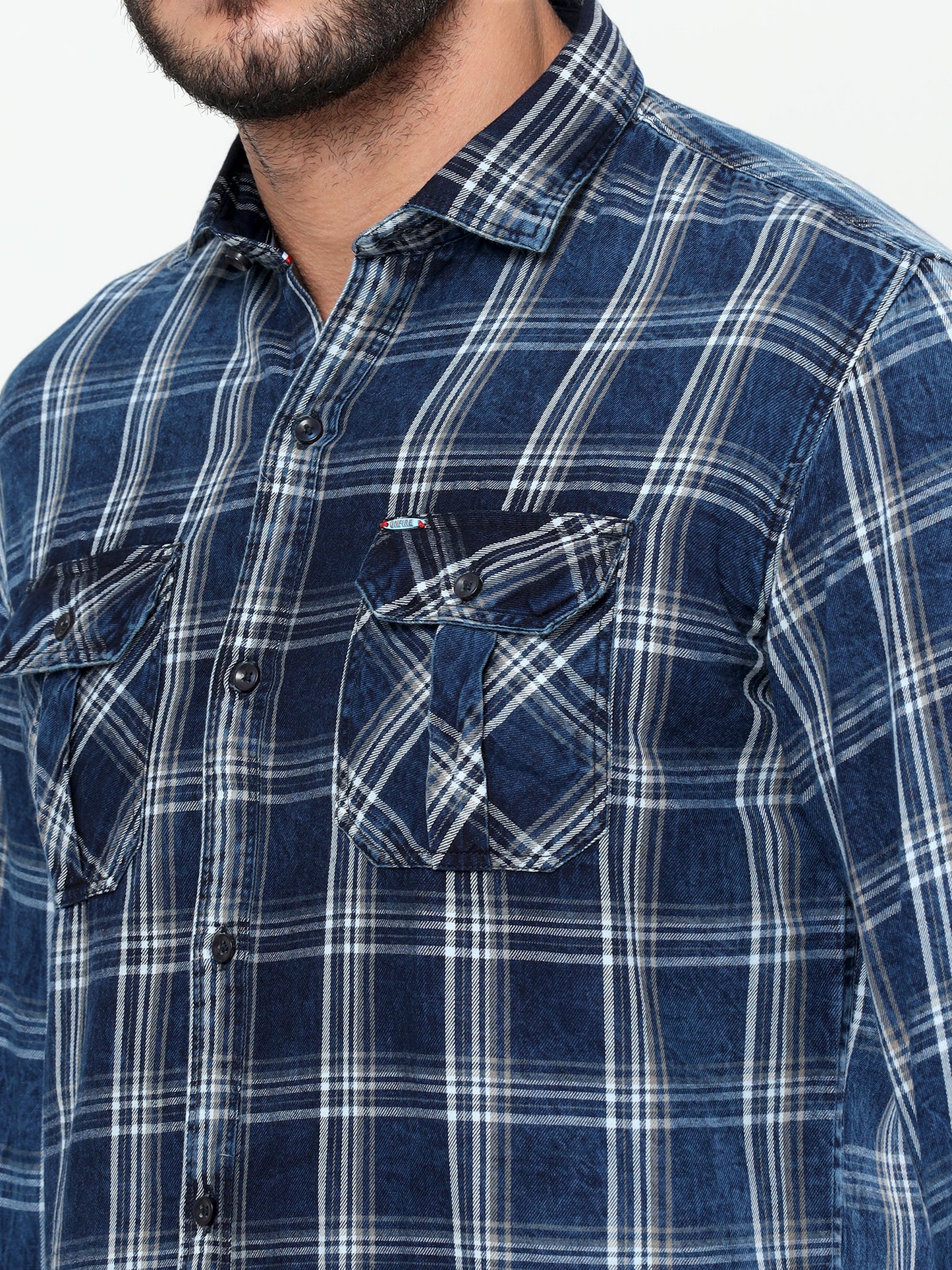 Onfire Denim Indigo Checks Cargo Shirt Blue/Grey
