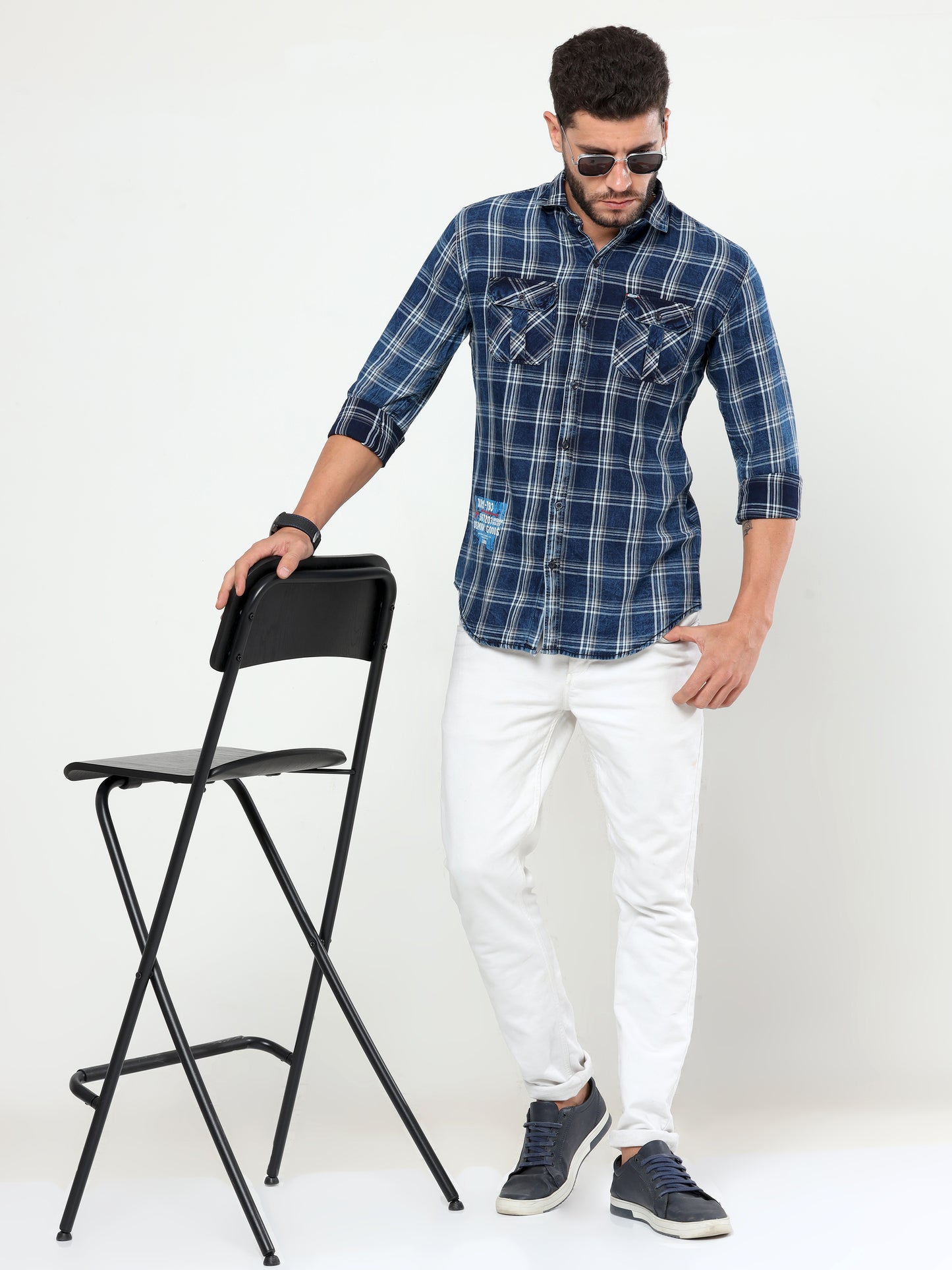 Onfire Denim Indigo Checks Cargo Shirt Blue/Grey
