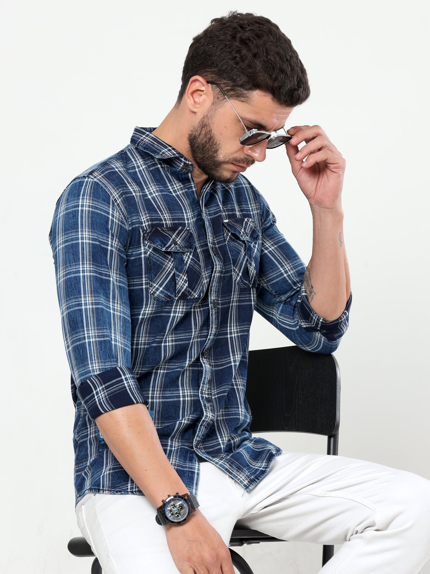 Onfire Denim Indigo Checks Cargo Shirt Blue/Grey