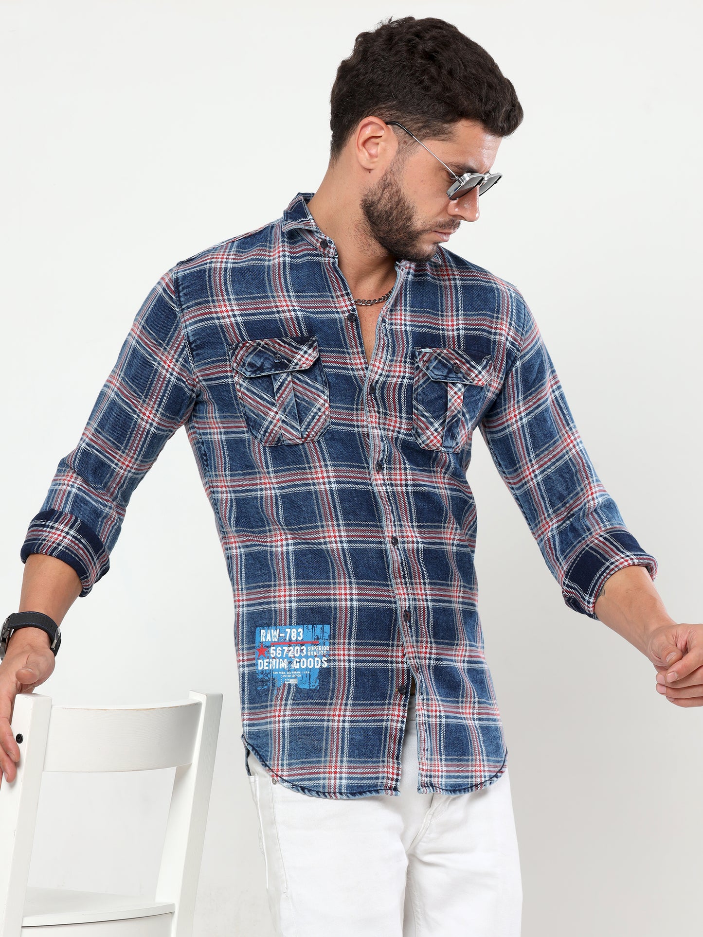 Onfire Denim Indigo Checks Cargo Shirt Blue/Red