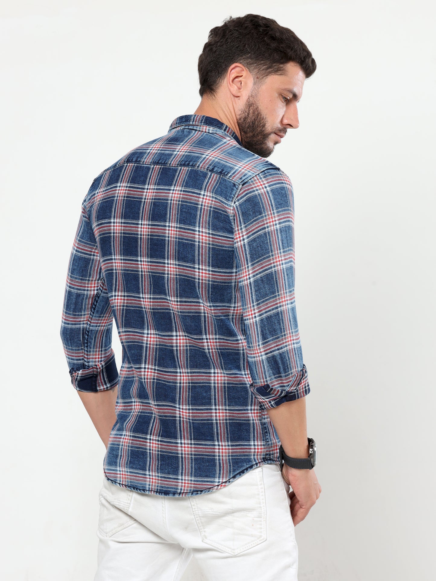 Onfire Denim Indigo Checks Cargo Shirt Blue/Red