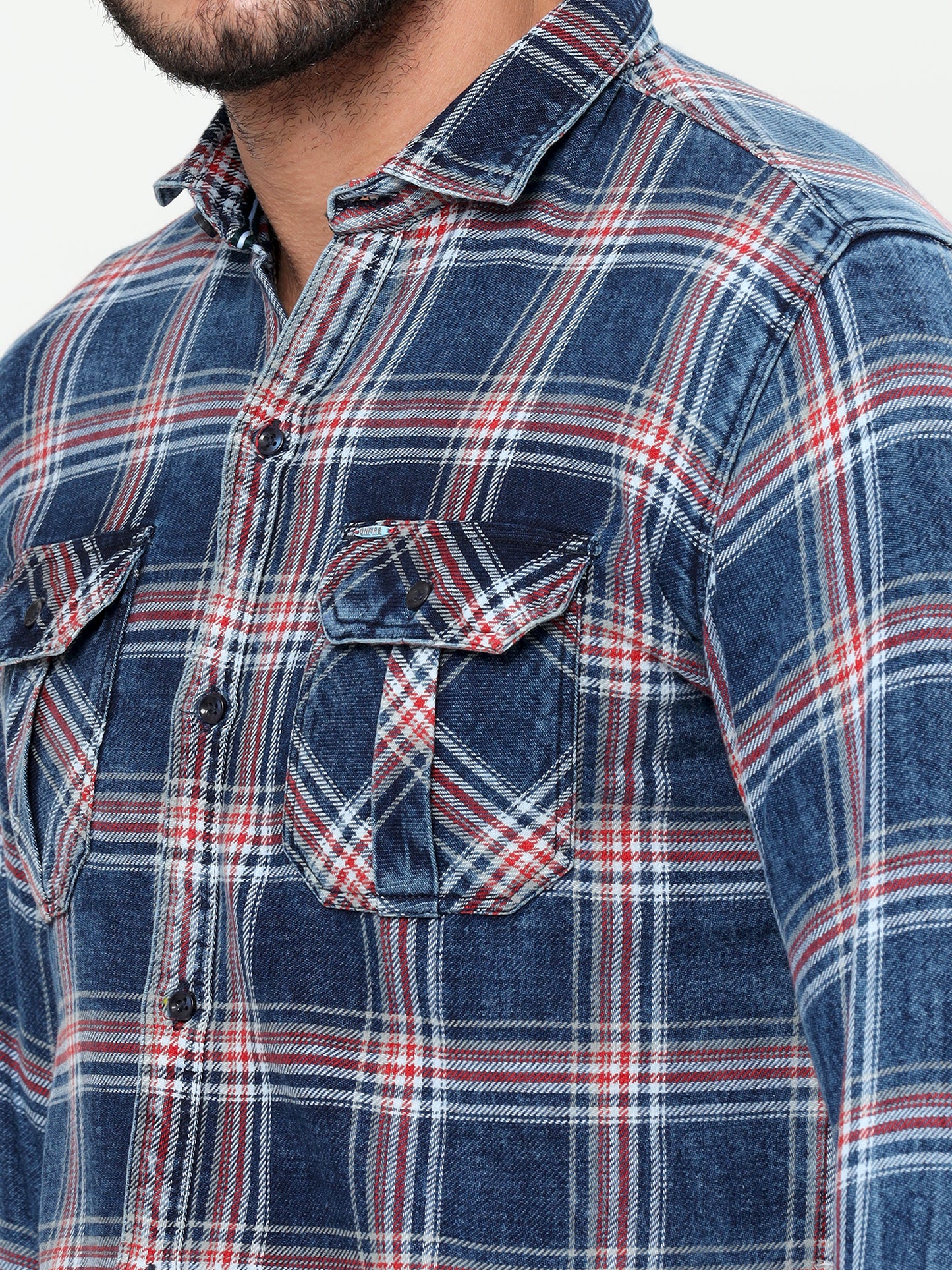 Onfire Denim Indigo Checks Cargo Shirt Blue/Red
