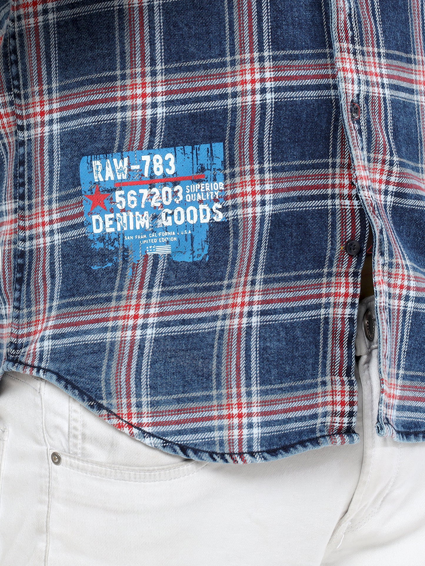 Onfire Denim Indigo Checks Cargo Shirt Blue/Red