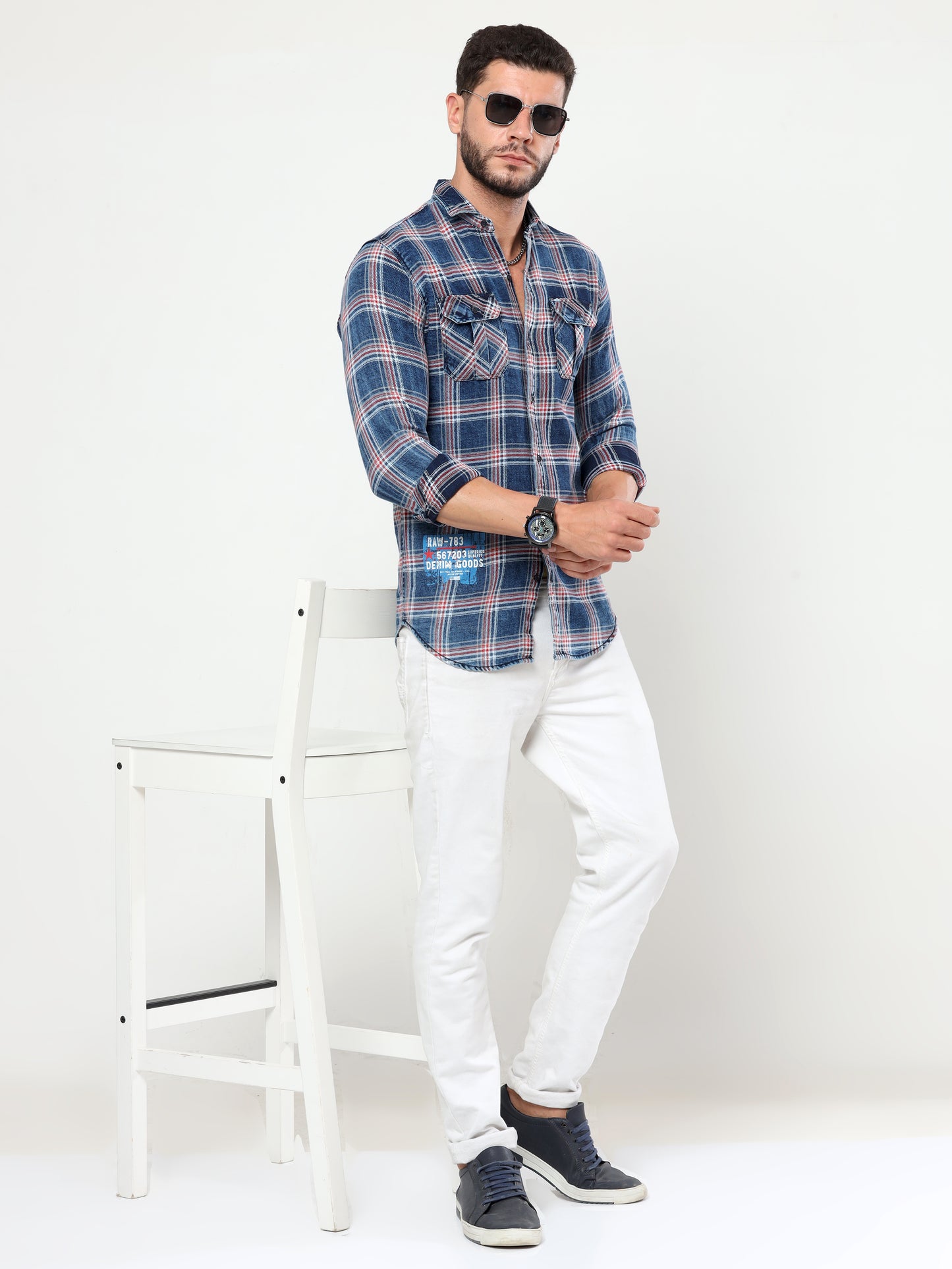Onfire Denim Indigo Checks Cargo Shirt Blue/Red