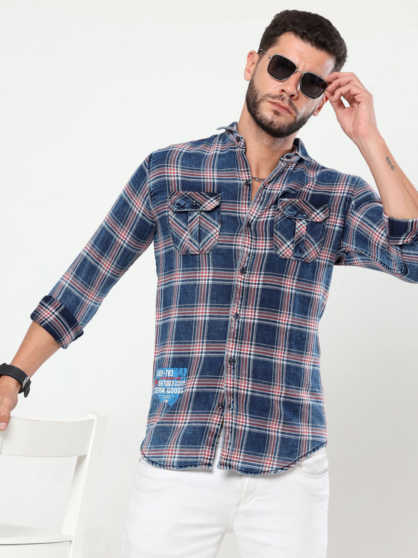 Onfire Denim Indigo Checks Cargo Shirt Blue/Red