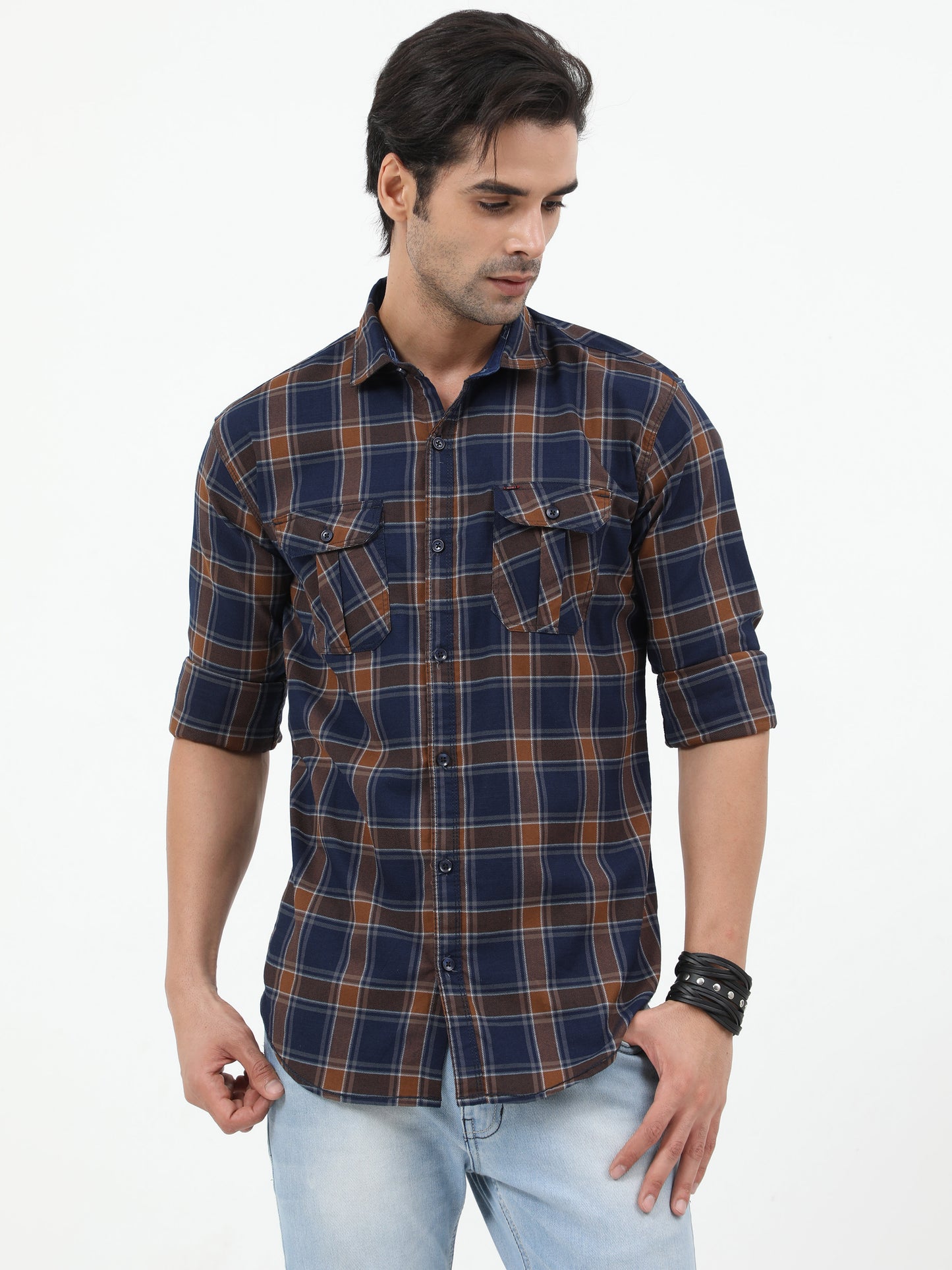Onfire Checks Cargo Shirt - Brown/ Blue