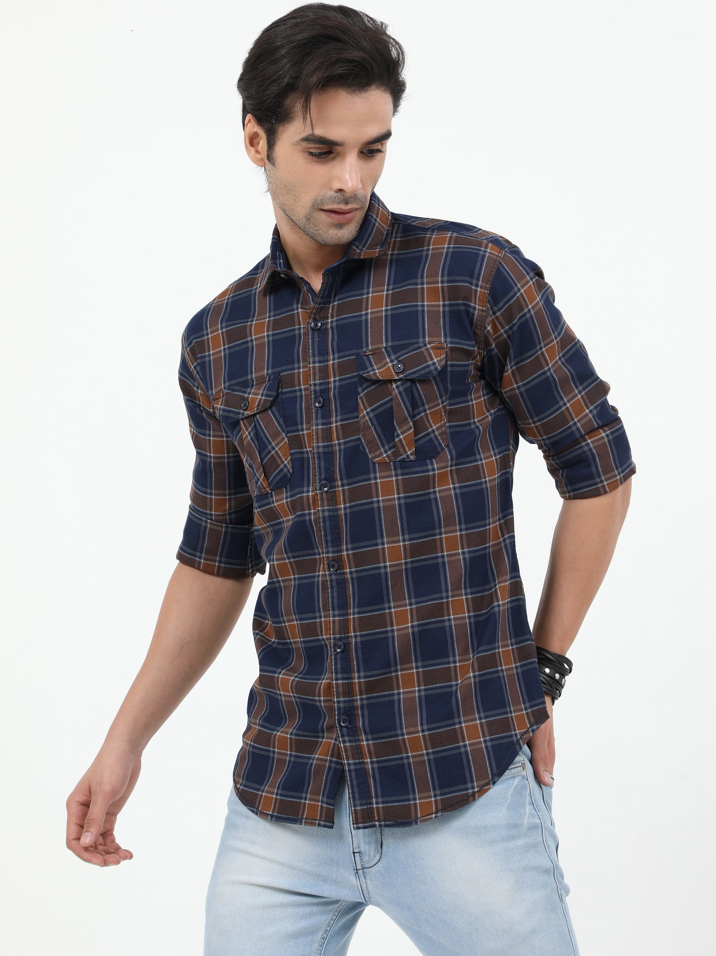 Onfire Checks Cargo Shirt - Brown/ Blue