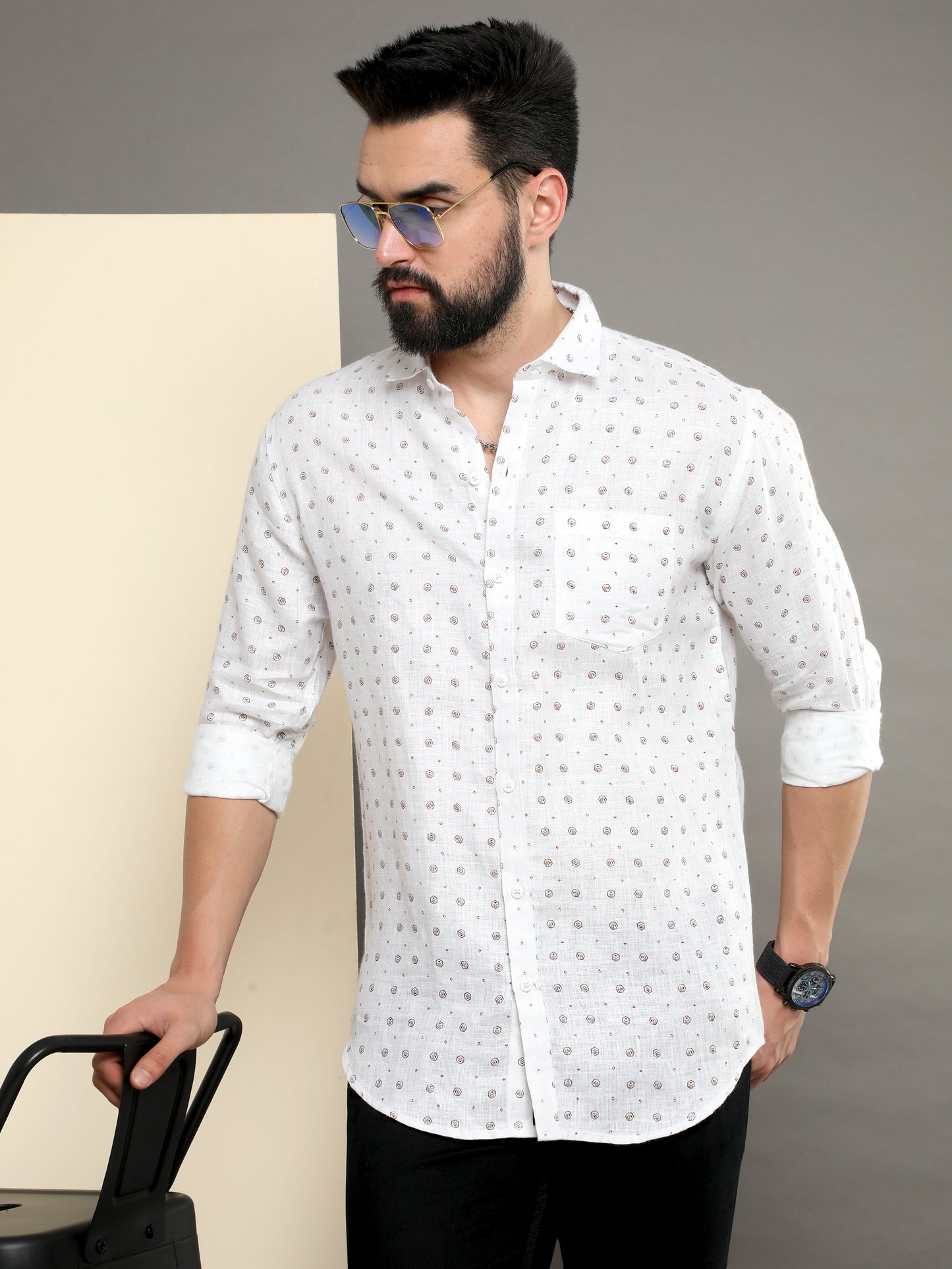 Onfire Pure Linen Printed Shirt White