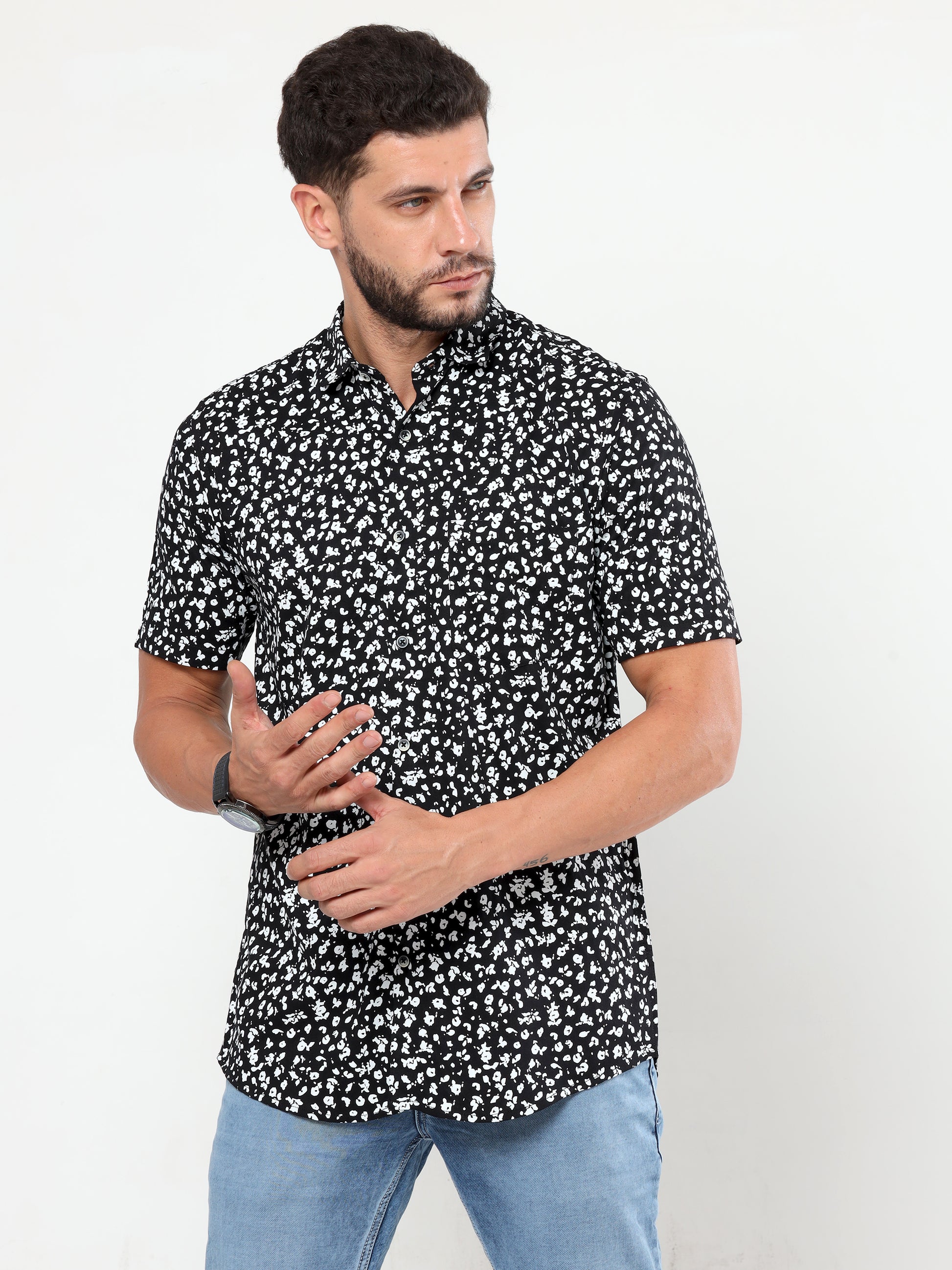 Onfire half sleeves floral print black white
