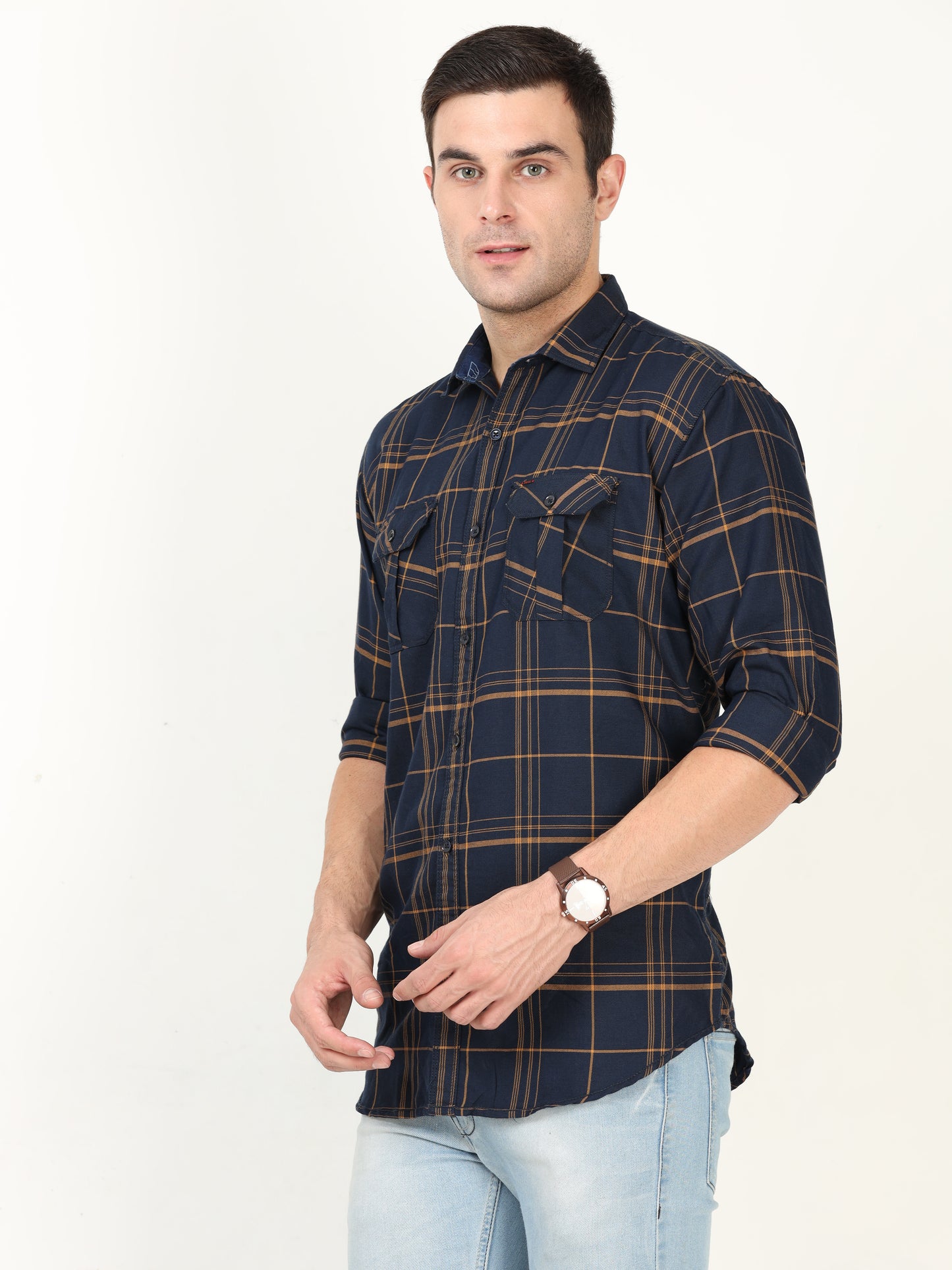 Onfire Checks Navy Blue Cargo Shirt