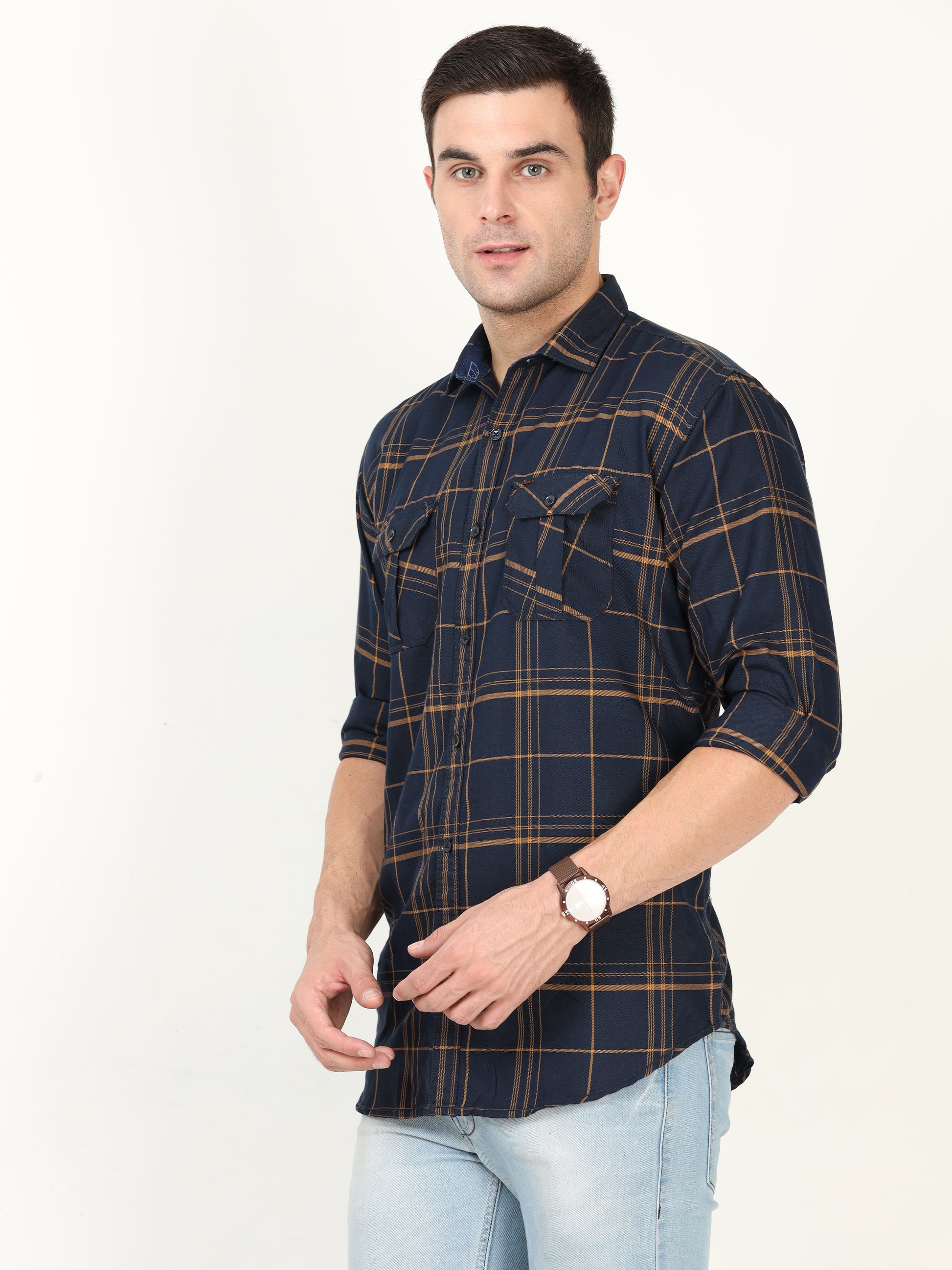 Onfire Checks Navy Blue Cargo Shirt
