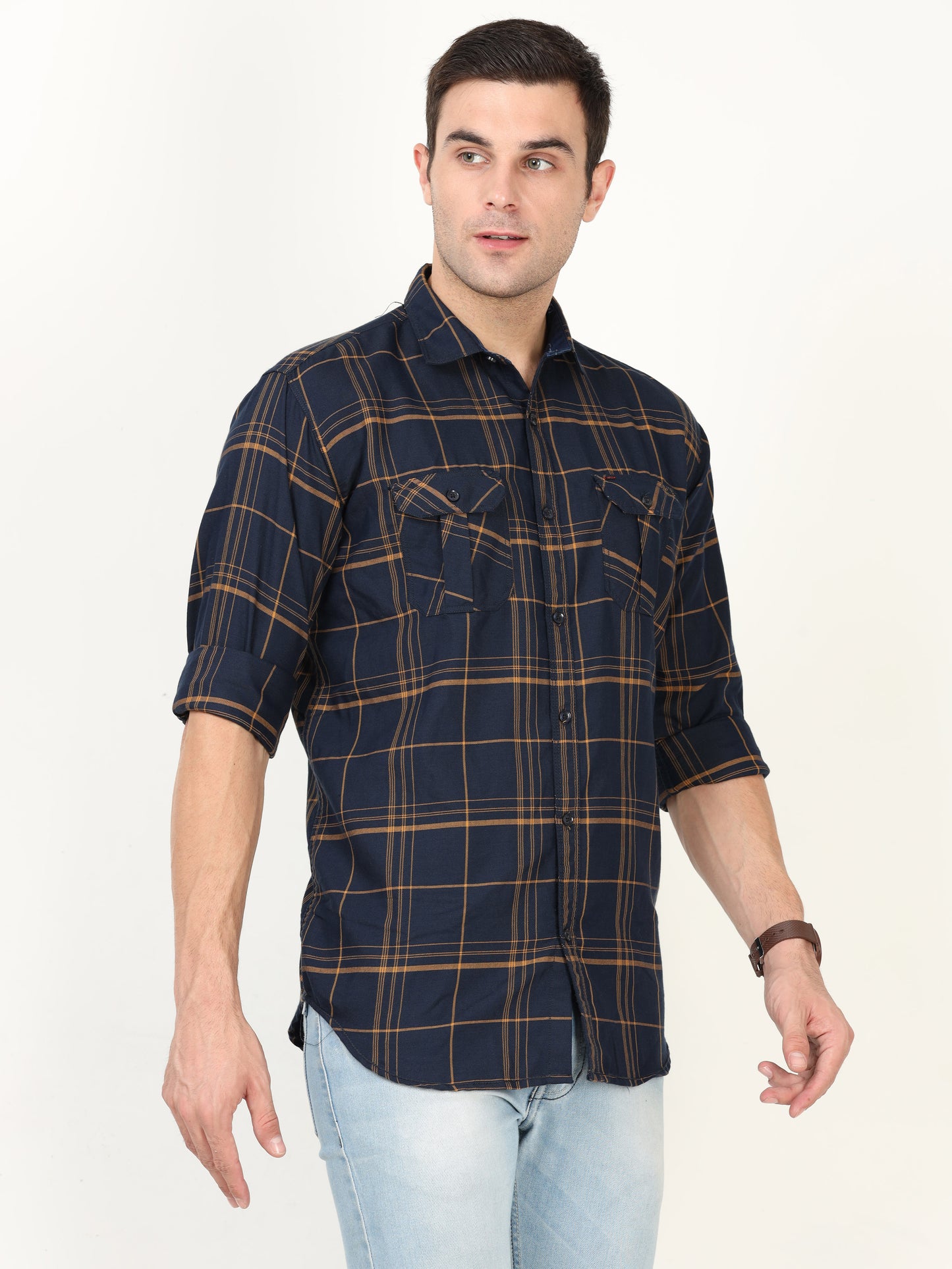 Onfire Checks Navy Blue Cargo Shirt