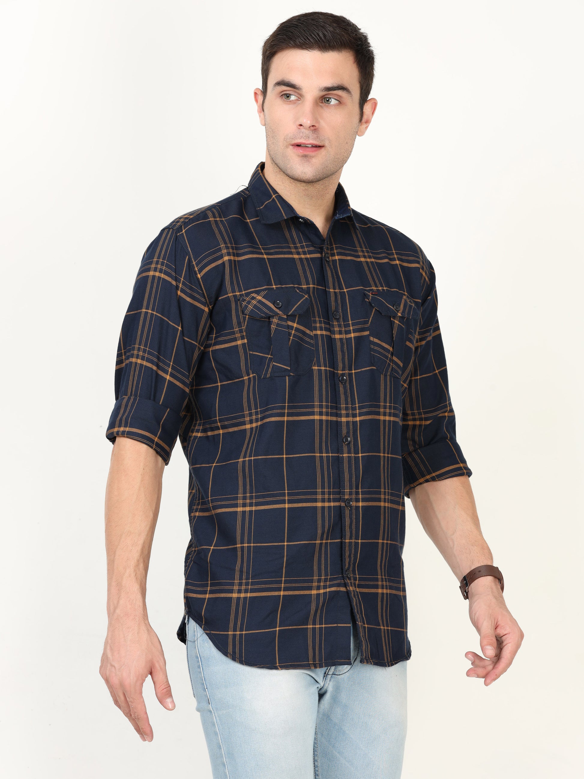Onfire Checks Navy Blue Cargo Shirt