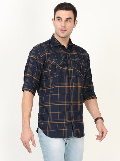 Onfire Checks Navy Blue Cargo Shirt