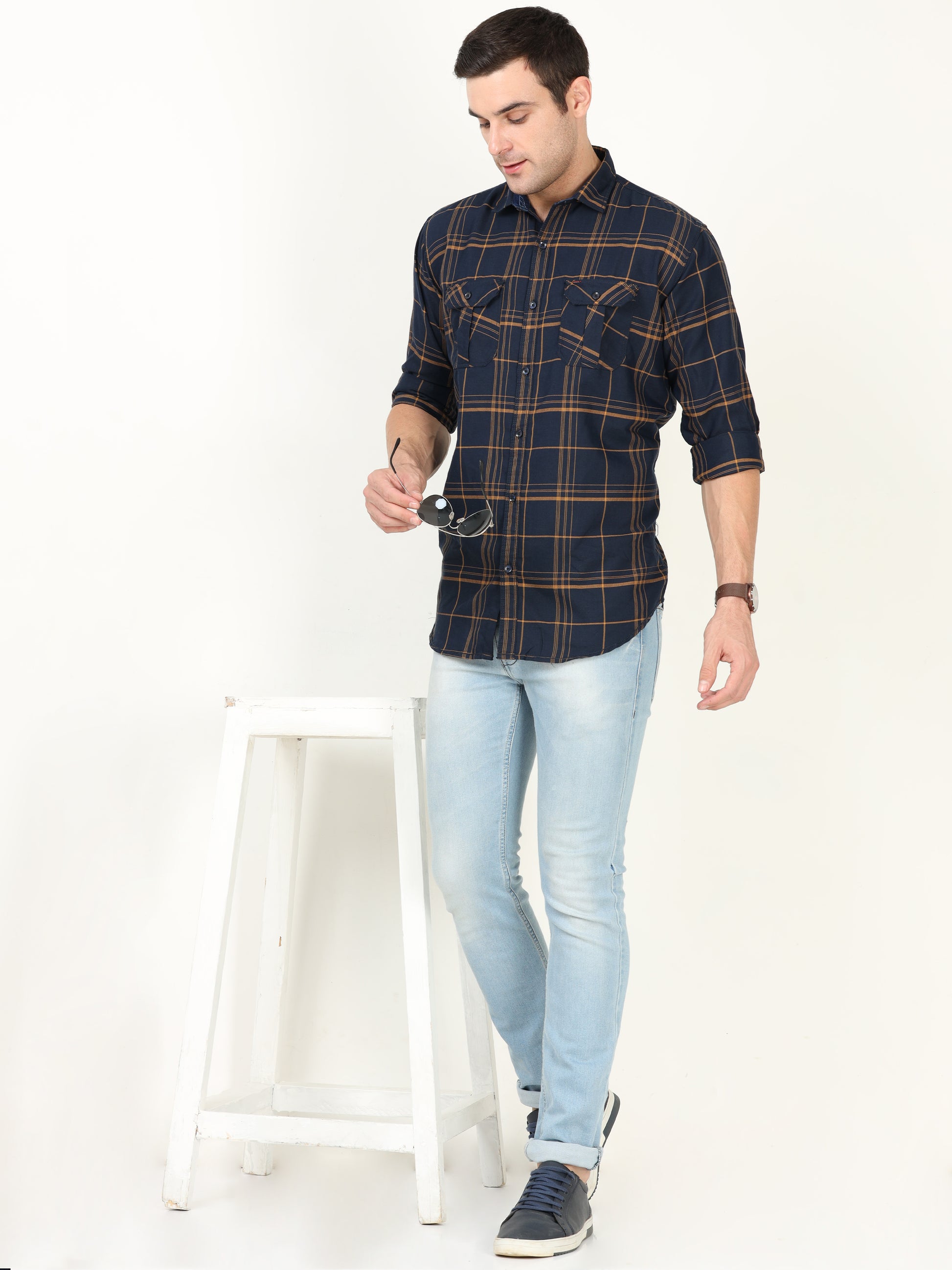 Onfire Checks Navy Blue Cargo Shirt
