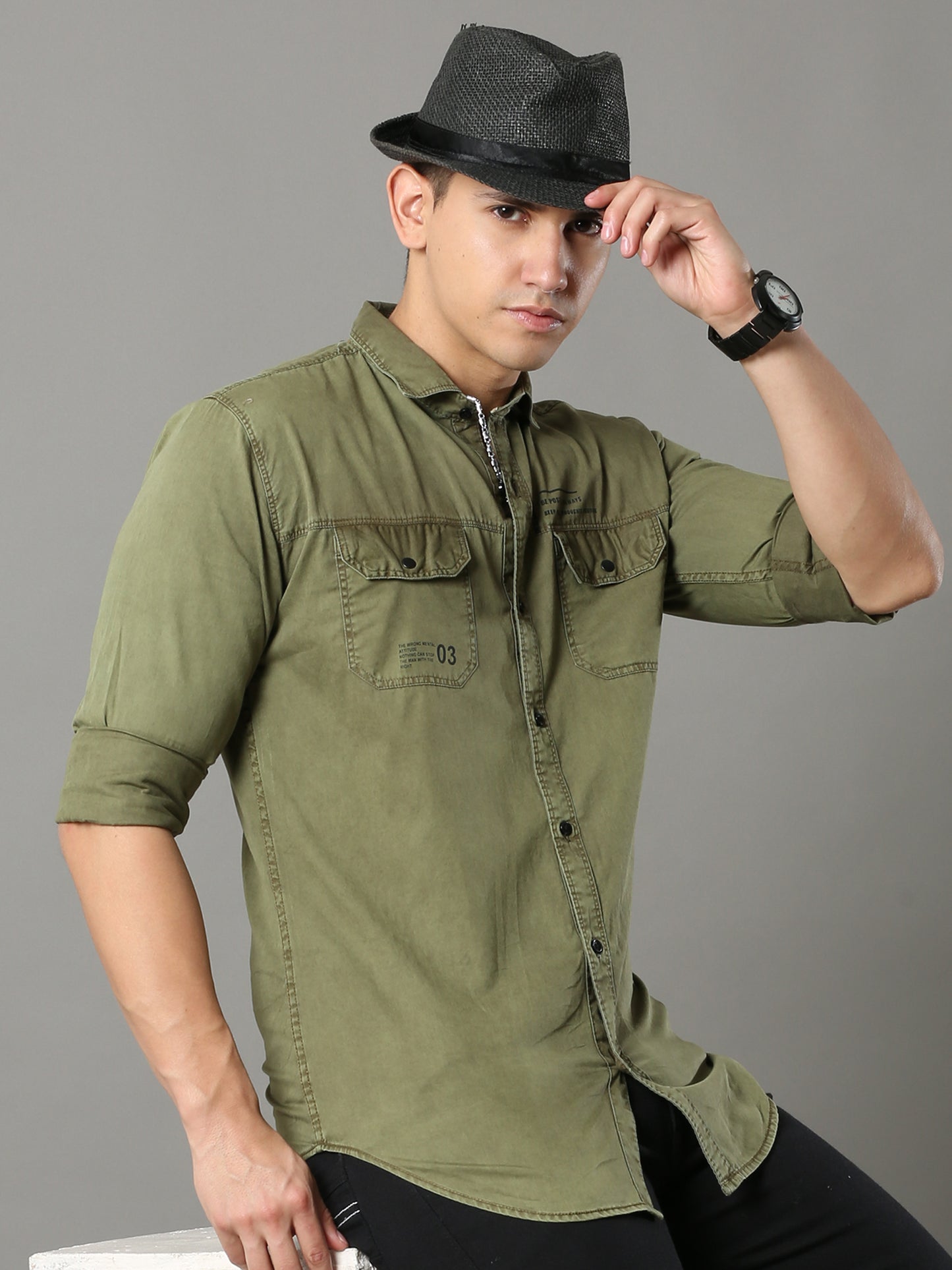 Onfire Sulphur Cargo Mehandi Green Shirt