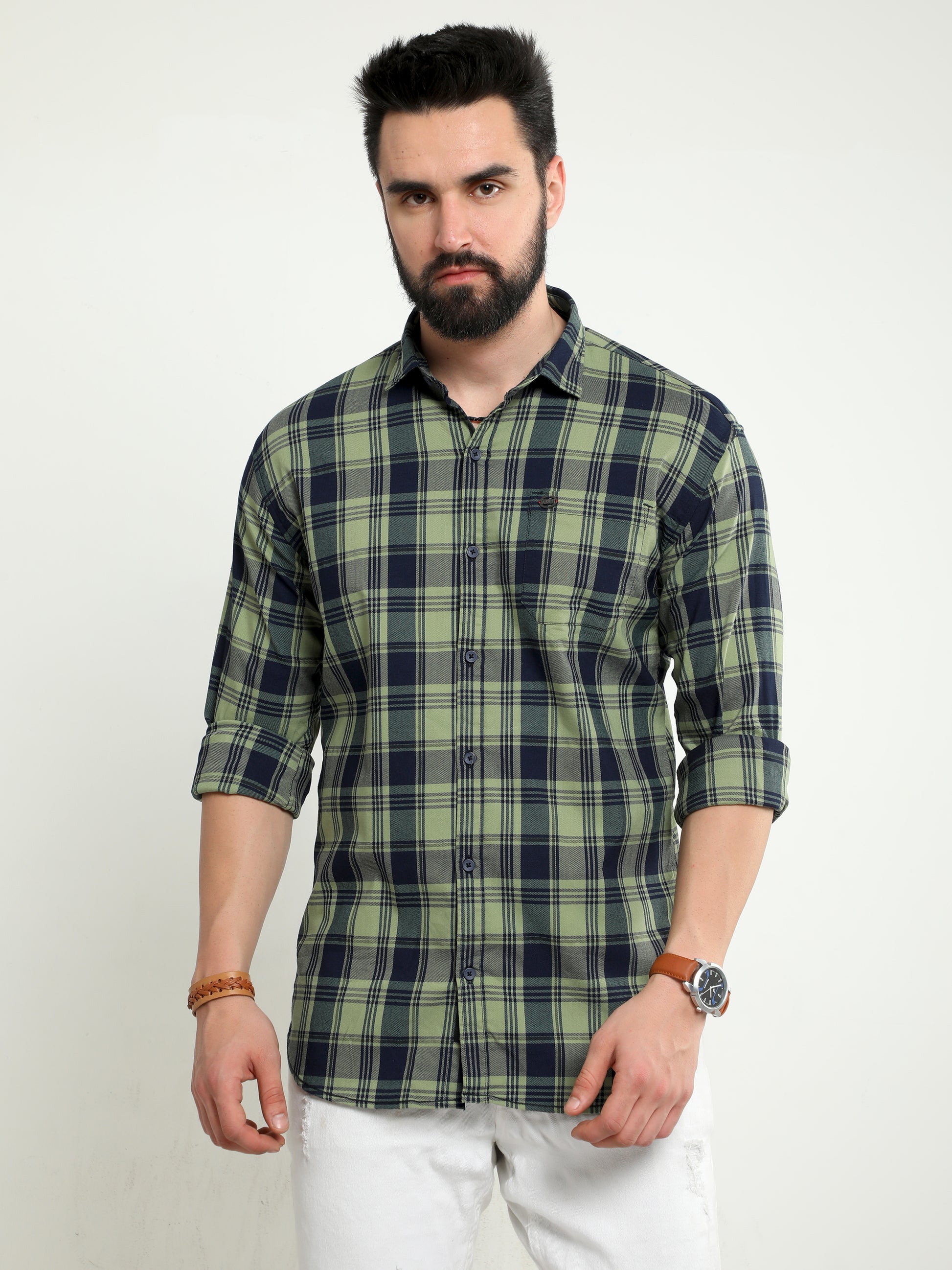 Onfire twill lycra checks shirt green