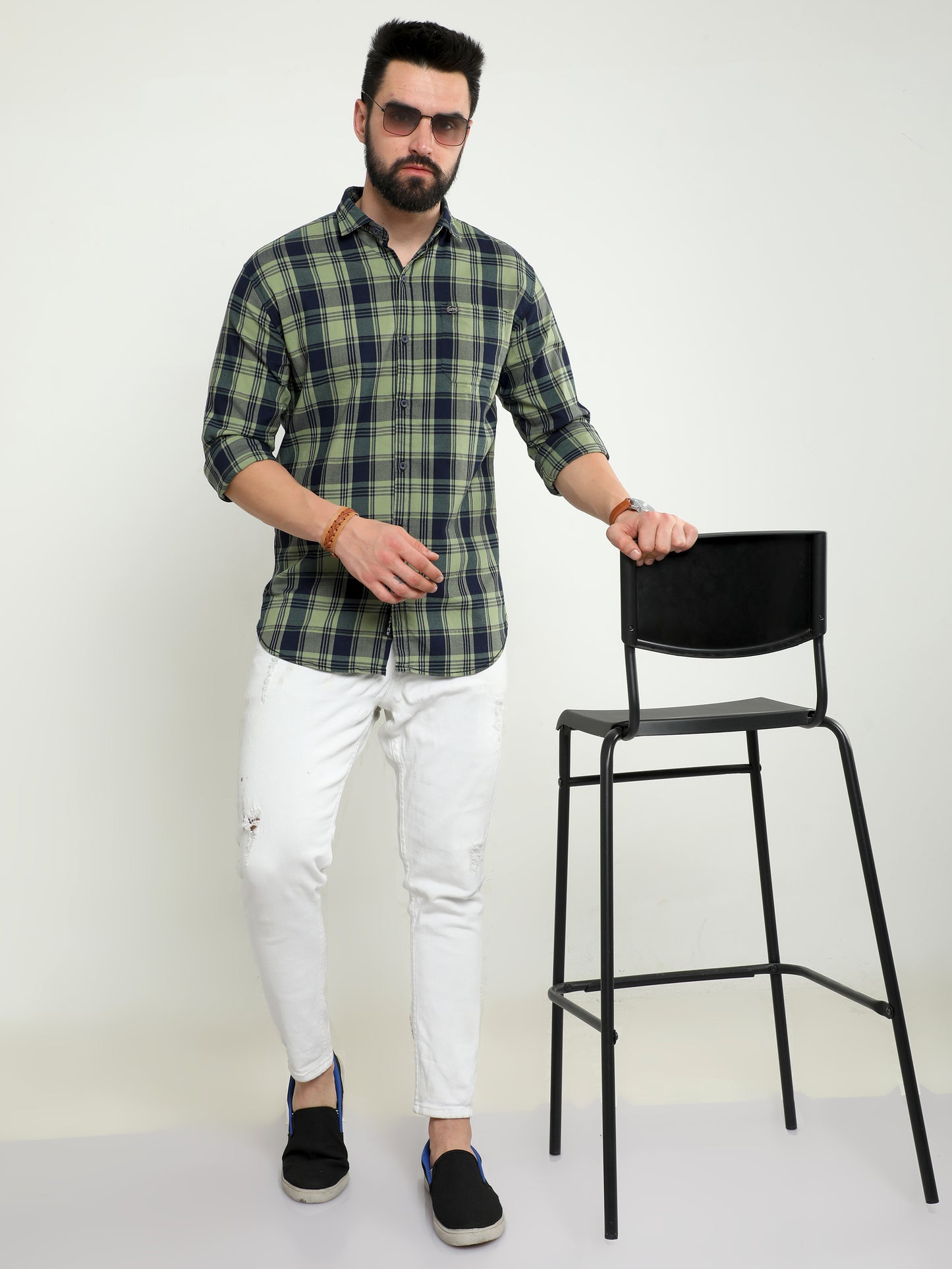 Onfire twill lycra checks shirt green
