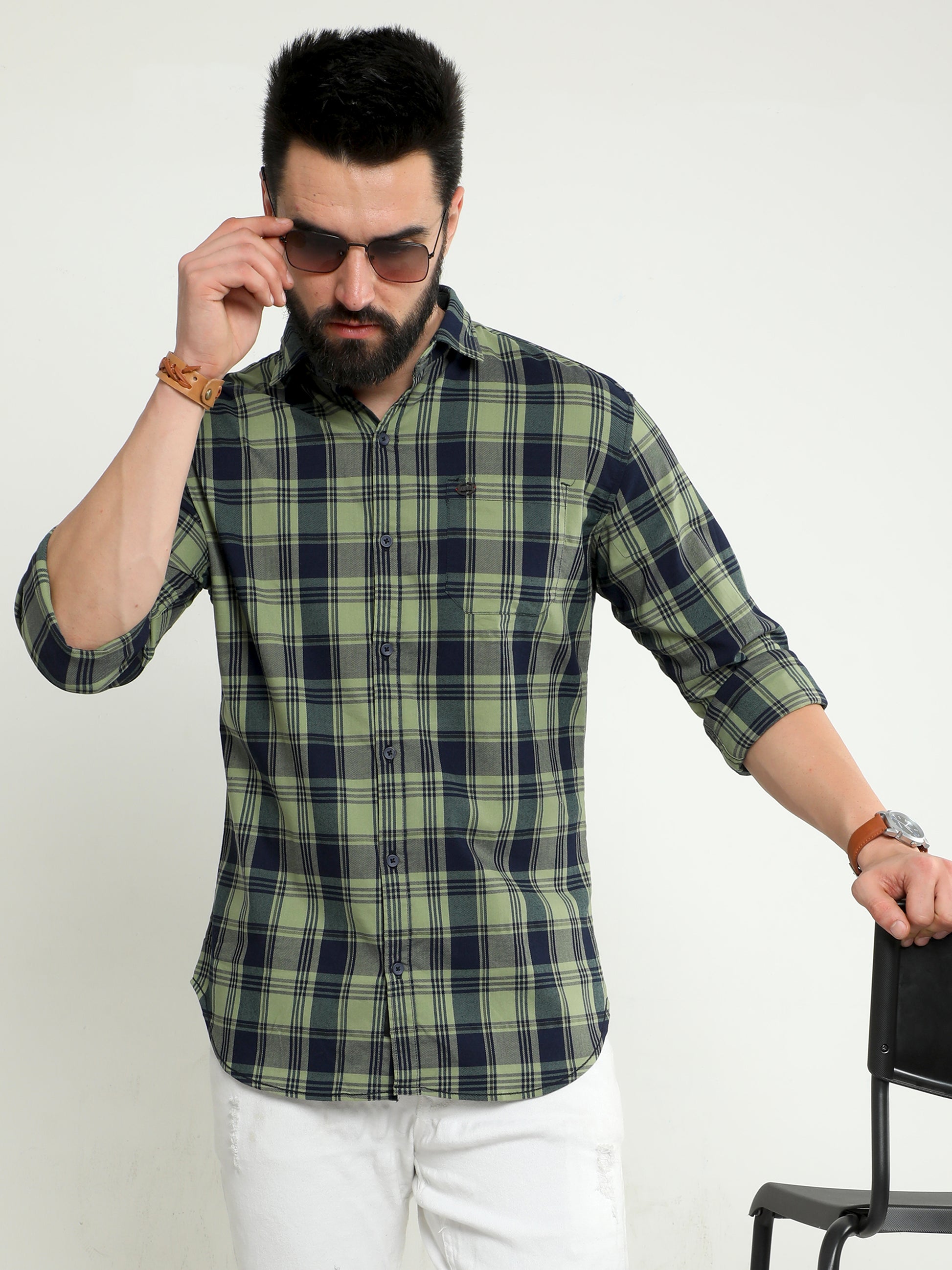 Onfire twill lycra checks shirt green