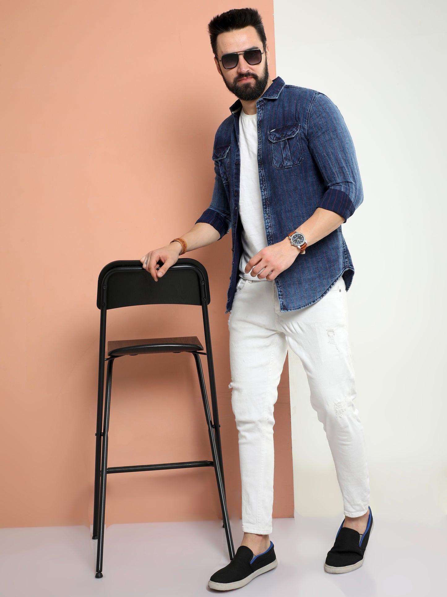 Onfire Denim Stripe Cargo Shirt Red/Blue