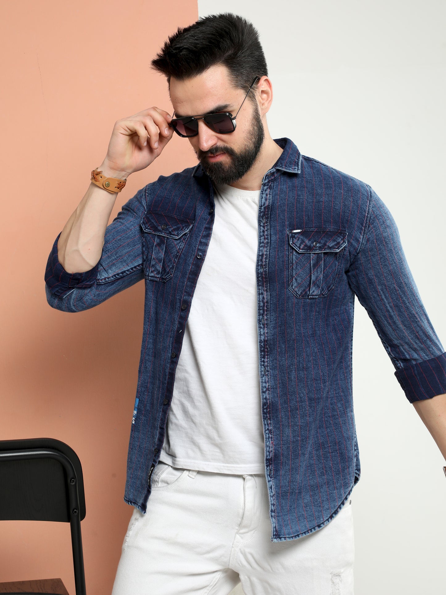 Onfire Denim Stripe Cargo Shirt Red/Blue