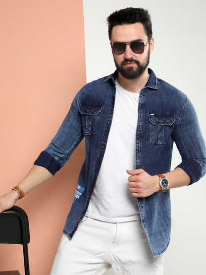 Onfire Denim Stripe Cargo Shirt Red/Blue