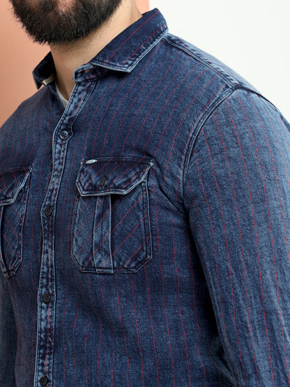 Onfire Denim Stripe Cargo Shirt Red/Blue