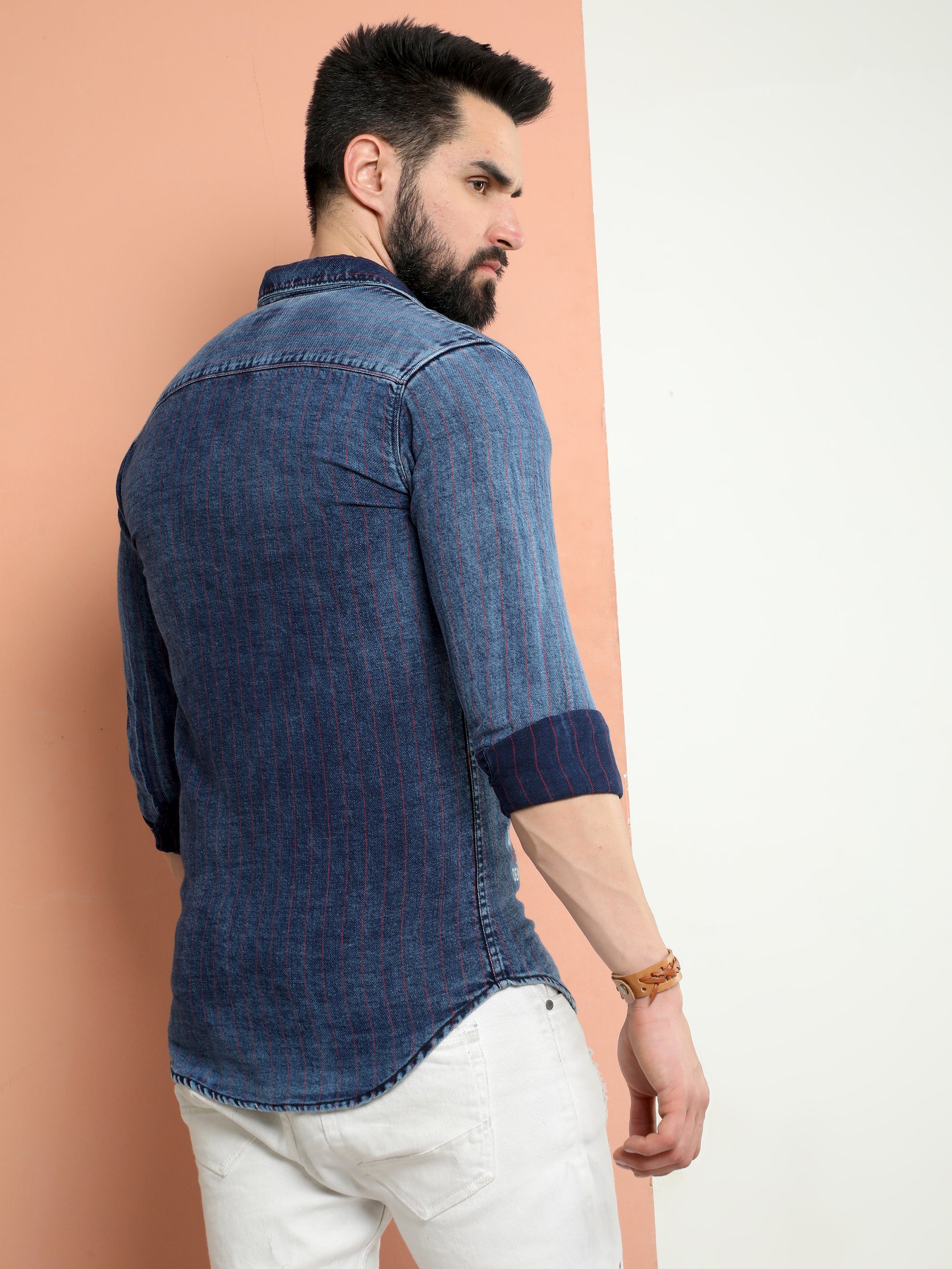 Onfire Denim Stripe Cargo Shirt Red/Blue