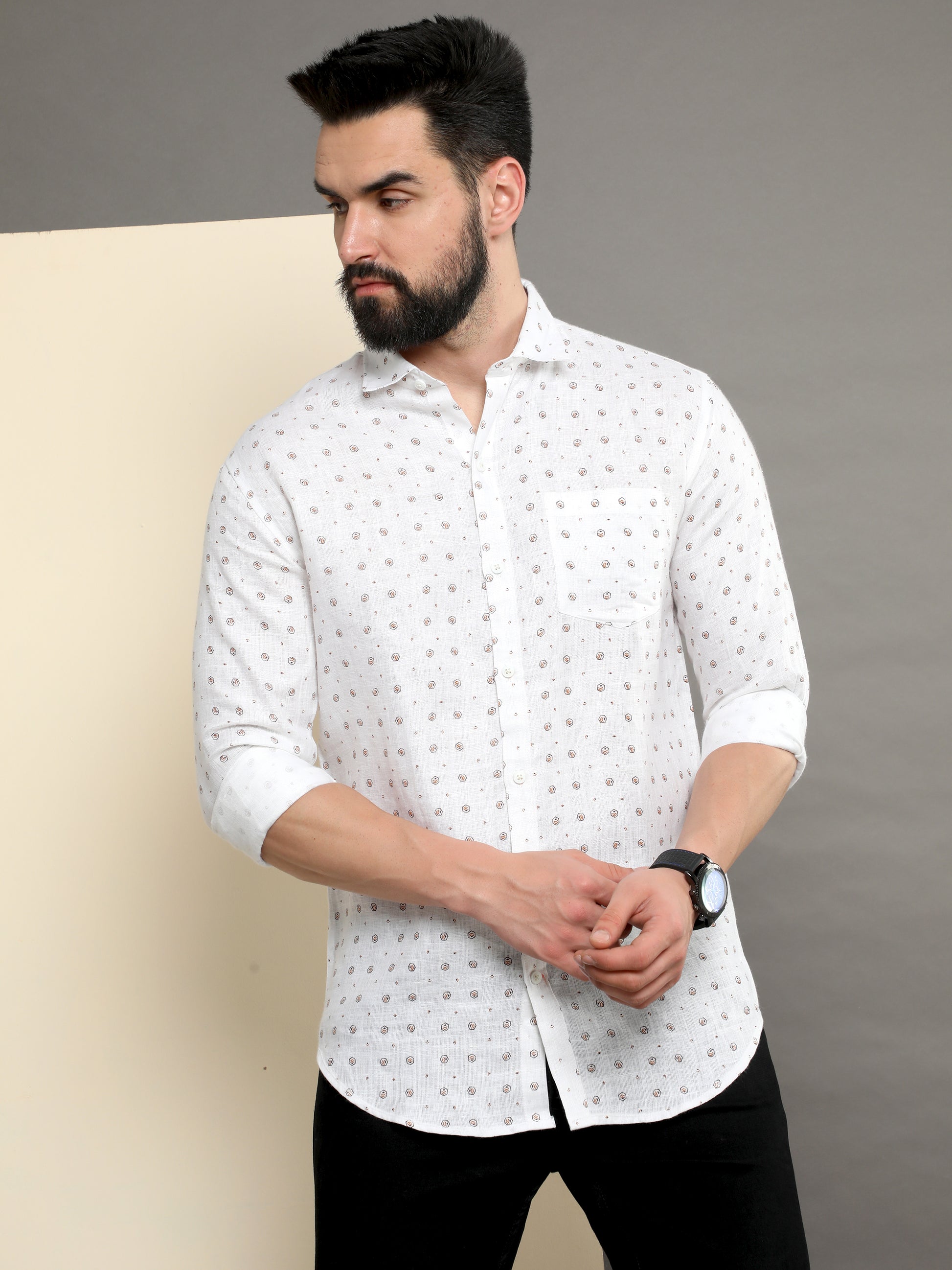 Onfire Pure Linen Printed Shirt White