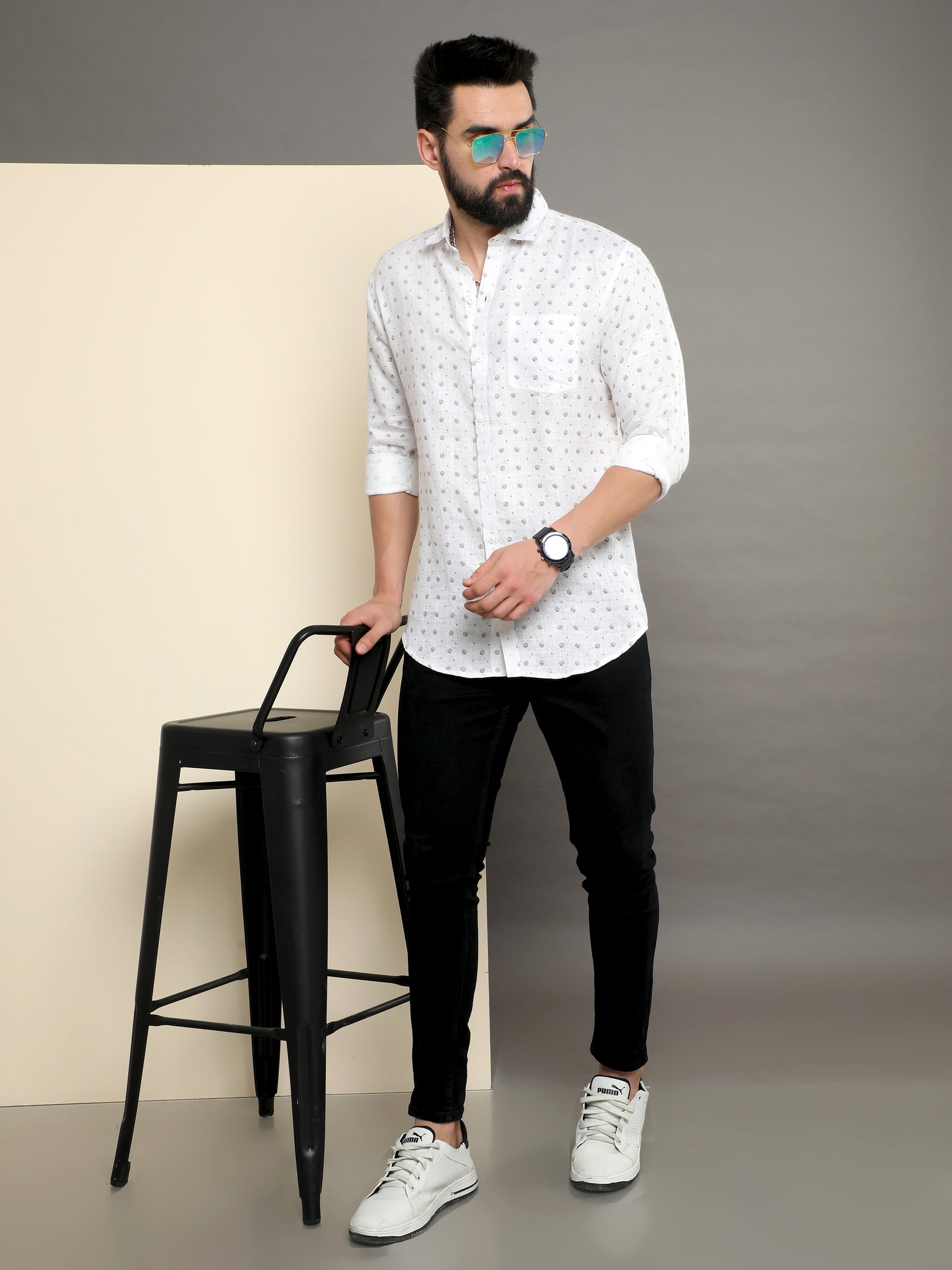 Onfire Pure Linen Printed Shirt White
